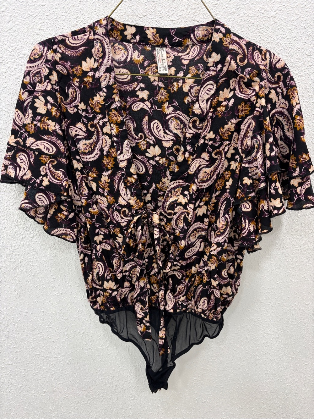 Free People Black Paisley Tie-Front Bodysuit with Flutter Sleeves